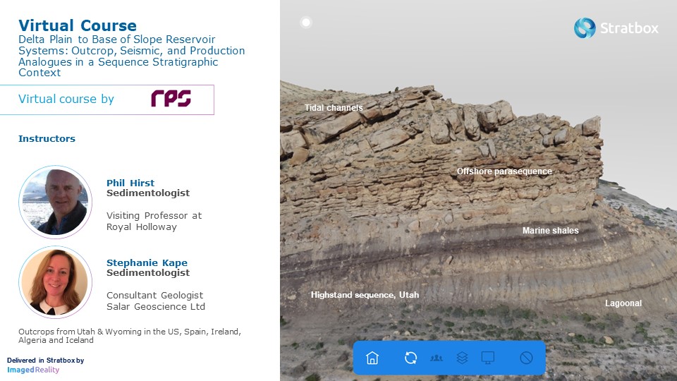 Virtual field trip banner. Delta plain to base slope reservoir systems. Outcrop, seismic and production analogues in sequence stratigraphic context. By Phil Hirst and Stephanie Kape.